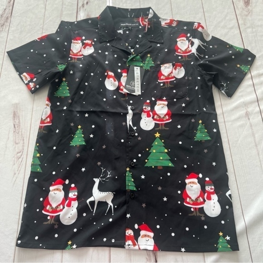 NWT MOLOKAI SURF Black Christmas Cheer Men’s Santa Snowman Shirt M Ugly Xmas
